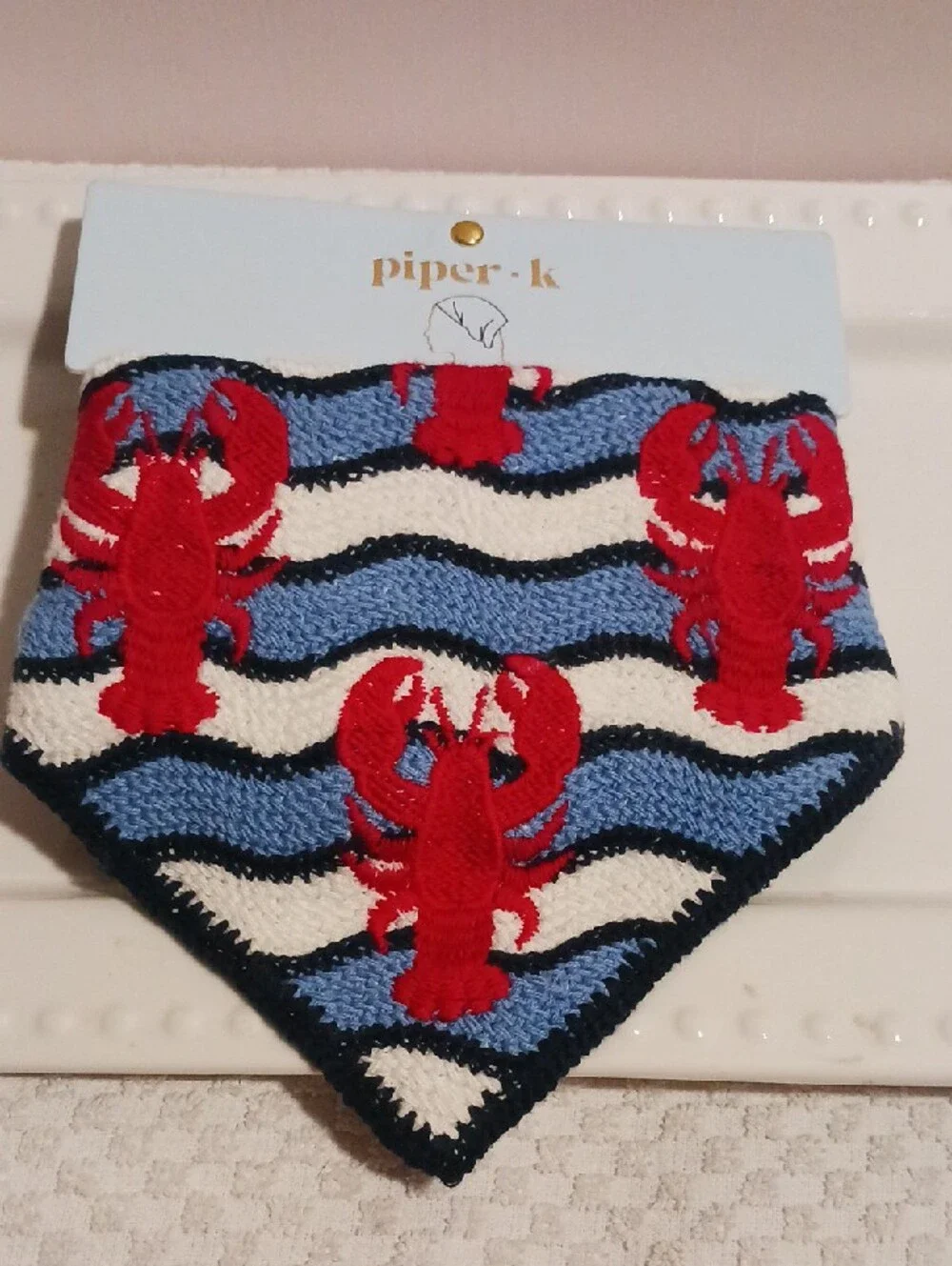Piper Knit Bandana Bib with Red🦞 Lobsters on Blue & White Waves 🦞